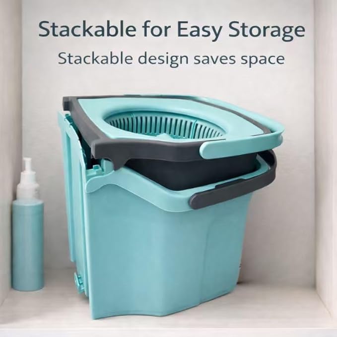 Casabella Spin Mop System with Extra Mop Head Refill - Two-Bucket Design with Splash Guard Built-in Measuring Cup and Scraper Tool with Easy Wring Pedal Spinner, 1.25-Gall (Detachable Mop)