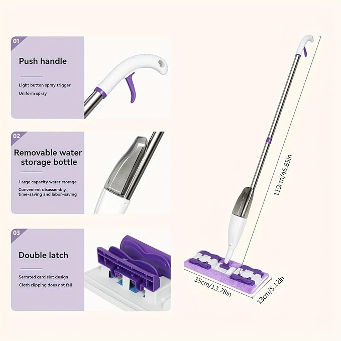 Upgrade Spray Cloth Clip Mop Hand Wash-Free Silent Design for Wood Floors & Ceramic Tiles Sleek Durable Head(5pcs Cloth)