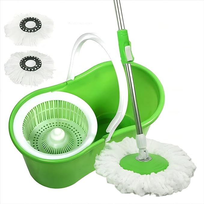 Green 360° Rotating Head Easy Spin Dry Floor Mop Bucket + 2X Head Microfiber Spinning
