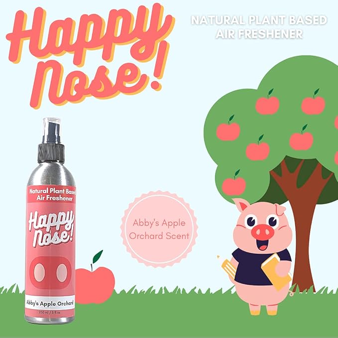 Happy Nose! Natural Plant-Based Air Freshener, Odor Neutralizer Spray for Home, Work, Pets, Vehicle, Smoke, Sports Equipment (Abby's Apple Orchard, 2 Pack)