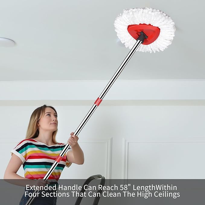 Mop Replace Heads Mop Handle Base Replacement Compatible with O Cedar EasyWring 1-Tank Spin Mops System, 2 Microfiber Mops Head Refills, 4-Section Handle 30-58in and 1 Cover Set(No Bucket)