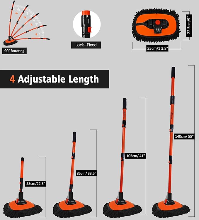 YeewayVeh 55" Car Wash Brush Mop with Long Handle, 15 Degree Curved Extendable Car Wash Brush with Extra Microfiber Mop Head, Soft Car Washing Brushes with Storage Bag for Truck SUV Cleaning, Orange