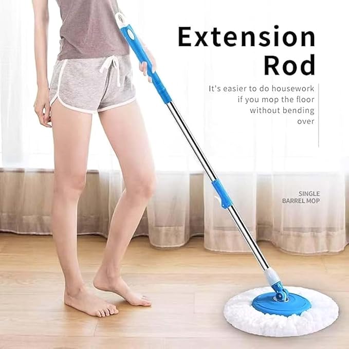 ( 2 Sink Wipper Free ) Indian Home and Kitchen Stainless Spin Mop Stick for Floor Cleaning Without Bucket Telescopic Handle, Microfiber Head, Blue and White