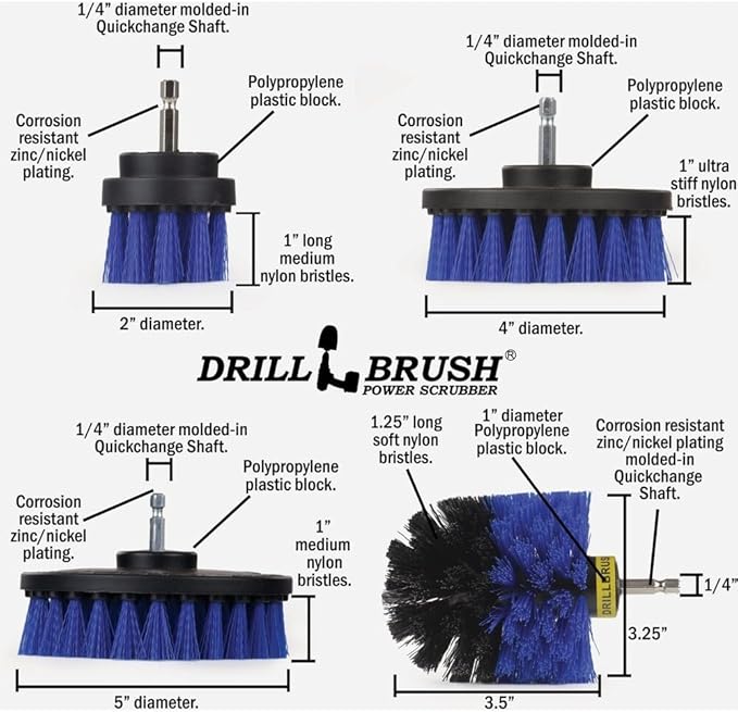 Drillbrush Boat Hull Cleaner Set/Swimming Pool Accessories - Cleaning Drill Brushes for Vinyl Liners - Hot Tubs and Spas Cleaning Brush Kit - Pool Cover Scrubber - Rotary Brushes for Walls and Deck