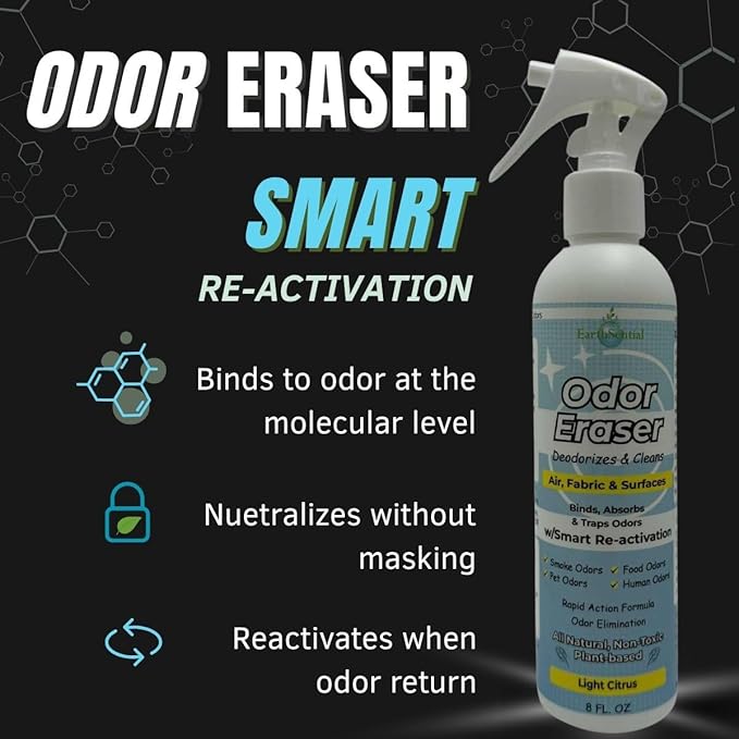Odor Eraser Spray – All-Natural, Plant-Based Deodorizer & Air Freshener – Binds & Traps Odors from Pets, Shoes, Kitchens & Fabrics – Light Citrus, 8 oz