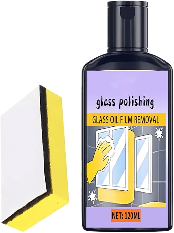 Shower Glass Cleaner - 120ml Window Oil Film, Cleaner with Sponge, Household ing, Toilet Tub Washbasin, Bathroom Kitchen Shower, Tile Mirror Cleaning, Home Window Care