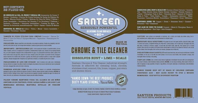 Santeen Chrome & Tile Cleaner | 6-pack of 22oz Trigger Spray Bottles | Dissolves Lime Rust & Hard Water Corrosion Stainless Steel Enamel Porcelain Sinks Tubs Shower Stalls Glass Chrome Copper Brass