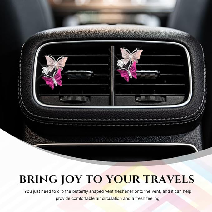 2PCS Car Air Vent Clips, Dual Butterfly Diamond Car Air Conditioner Outlet Vent Clip, Cute Car Diffuser Perfume Clip, Car Air Freshener Decor Accessories for Women Girl (Dark Pink, Style 1)
