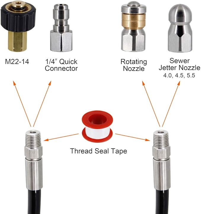 Twinkle Star Sewer Jetter Kit for Pressure Washer -100 ft Hose, 1/4 Inch NPT, Drain Cleaning Hose, Button Nose & Rotating Sewer Jetting Nozzle, Orifice 4.0, 4.5, 5.5, 5800 PSI