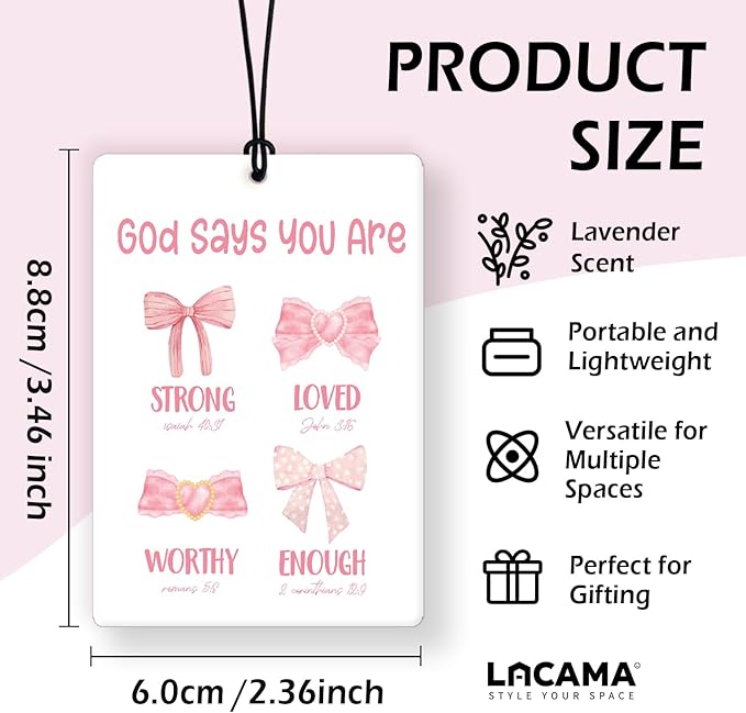 Lacama Pink Bow Christian Car Air Freshener 3Pcs, Preppy Faith over Fear God Says You Are Cars Scents Air Freshener for Women Girls Gifts, Christian Car Accessories Interior Mirror Decor Hanging