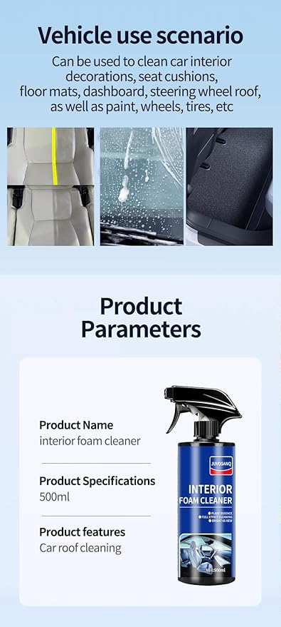 Car Interior Foam Cleaner, Plant Essence & Enzyme Active Waterless Cleaning Spray, Phosphate-Free for Leather Seats/Fabric/Dashboard/Carpet/Steering Wheel, 500ml/16.9oz