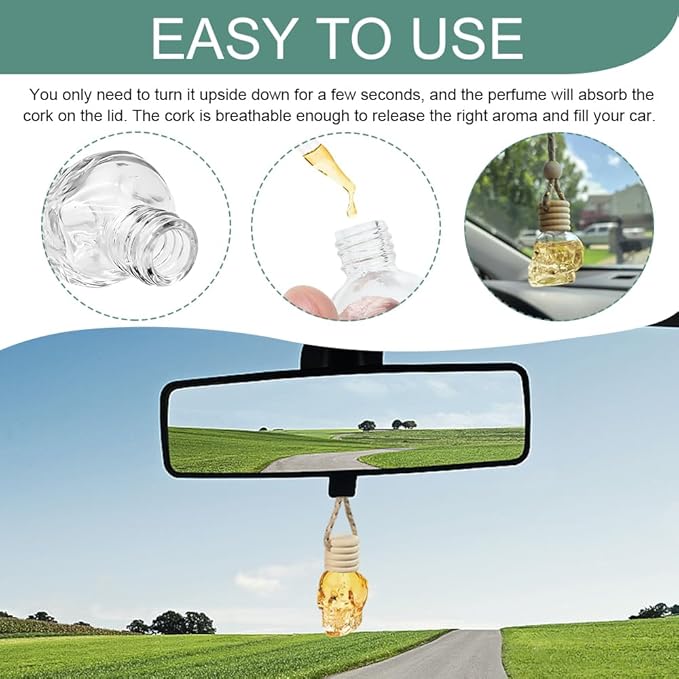 7PCS Car Hanging Diffuser, Car Air Freshener Diffuser Bottle, 8ML Empty Clear Glass Skull Style Empty Bottle, Universal Car Perfume Aromatherapy Essential Oil Pendant Bottle for Women Men