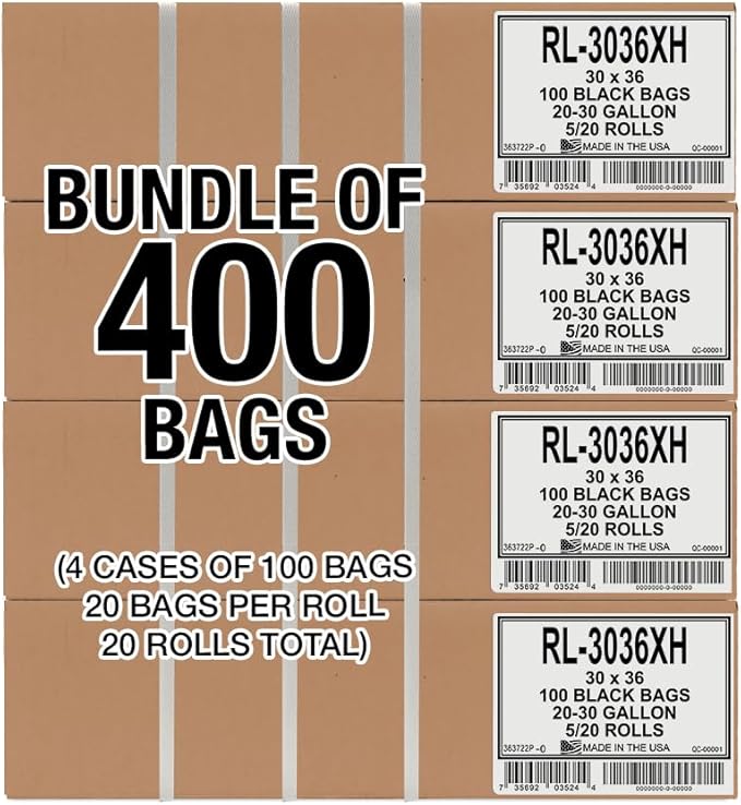 Aluf Plastics - RL-3036XH 20-30 Gallon Trash Can Liners (400 Count) - 30" x 36" - Thick 1.5 MIL Equivalent Black Trash Bags for Bathroom, Kitchen, Office, Industrial, Commercial, Recycling and More