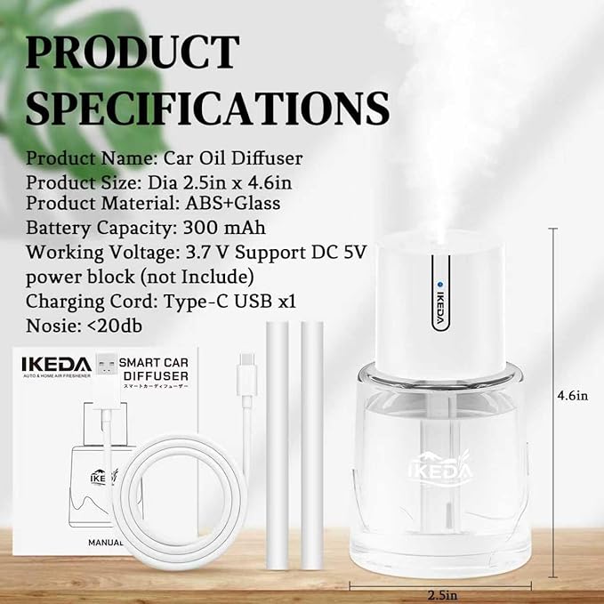 Ikeda Car Diffusers for Essential Oils,100ml Glass Car Essential Oil Diffuser, Smart Car Air Freshener Diffuser with 3 Adjustable Modes, Auto On/Off & 300mAH Battery Operated Car Aroma Diffuser, White