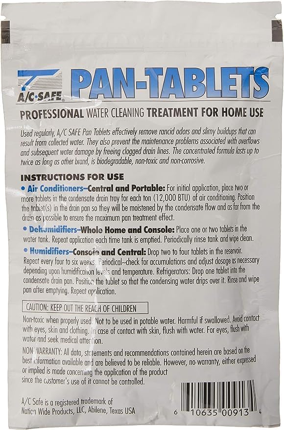 AC Safe AC-913 Pack of 2 Pan Cleaner Tablets; Each Pack Includes 30 Tablets; For use in Dehumidifiers, Refrigerators, and Humidifiers; Clean Condensate Pans and Eliminate Odors