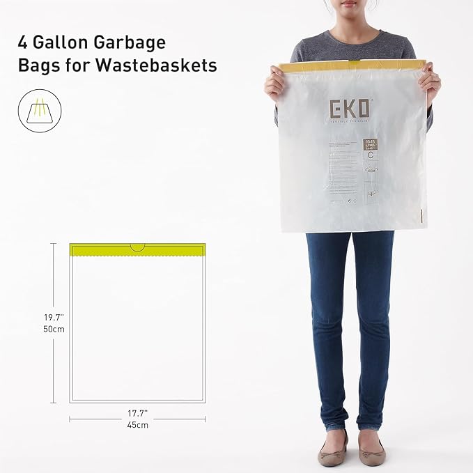 EKO 4 Gallon / 10-15 Liter, 80 Count Small Drawstring Trash Bags, Extra-Strong Unscented Garbage Bags, Easy-Dispense Roll for Kitchen & Household Use, Resists Tears, Leaks and Punctures, Code C, White