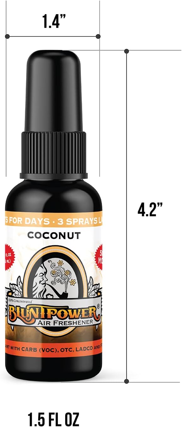 BluntPower (Coconut, 1 Pack) Concentrated Air Freshener for Room and Car Spray - Oil-Based Diffuser Spray Bottle - Long-Lasting Bathroom Spray, Car Freshener, & Odor Eliminator Spray