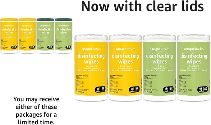 Amazon Basics Disinfecting Wipes, Lemon & Fresh Scent, Sanitizes/Cleans/Disinfects/Deodorizes, 1020 Count (12 Packs of 85)