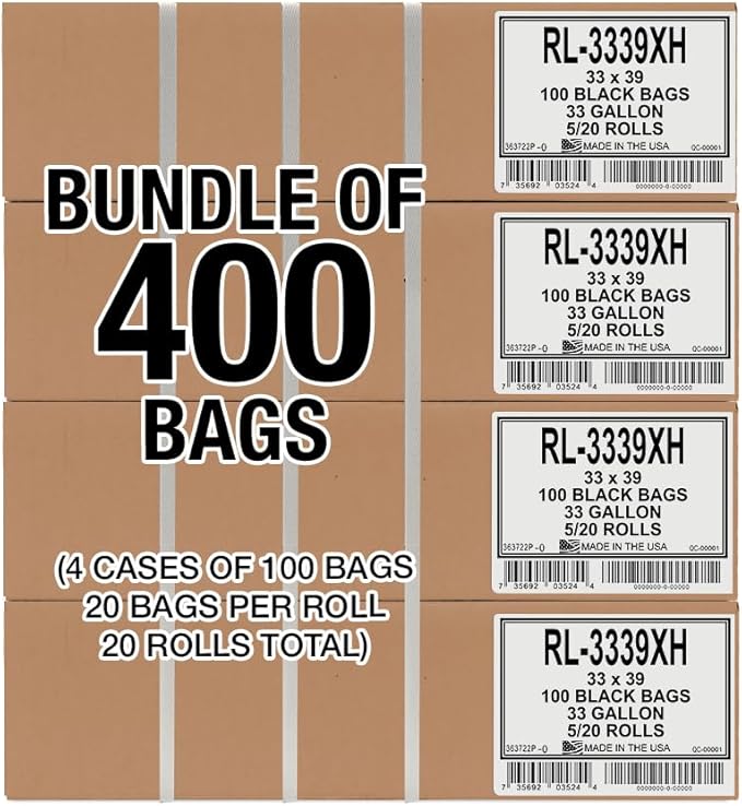 Aluf Plastics 33 Gallon Trash Can Liners (400 Count) - 33" x 39" - Thick 1.5 MIL Equivalent Black Trash Bags for Bathroom, Kitchen, Office, Industrial, Commercial, Recycling and More