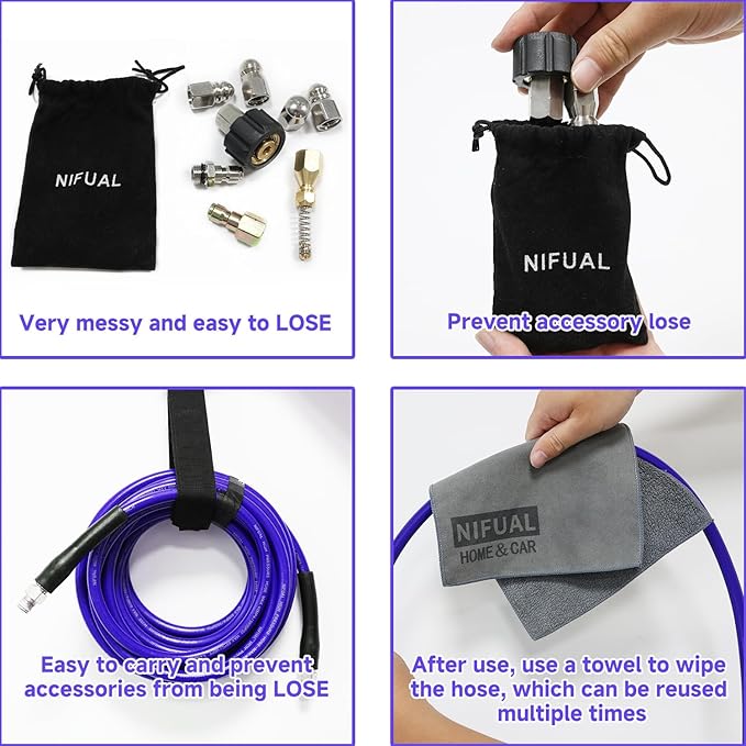 NIFUAL 100FT Sewer Jetter Kit for Pressure Washer, 5800PSI Drain Cleaner Hose 1/4 Inch NPT Corner, Rotating and Button Hose Sewer Jetting Nozzle Waterproof Tape Pearl Corsage Pin Spanner Glove