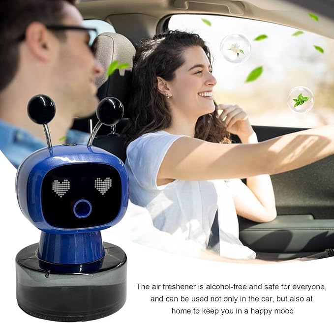Smart Cute Robot Car Air Freshener, Fine Spray Car Aromatherapy Machine with Four-Gear Adjustment, Auto On/Off Mini Robot Fillable Essential Oil Diffuser for Vehicle Home Office (Ocean)