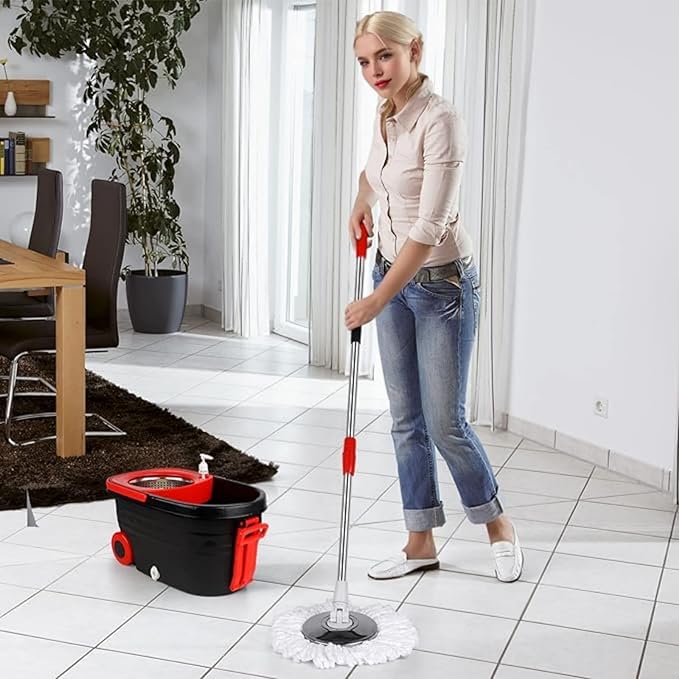 Spin Mop and Bucket with Wringer Set On Wheels, 360° Spinning Mop Bucket System with 3 Microfiber Replacement Heads, 61" Stainless Steel Extended Handle for Floor Cleaning Black/Red (25QT) (Big Black)