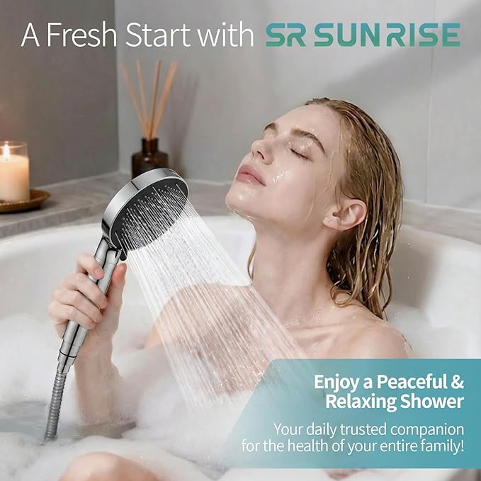SR SUN RISE NSF Filtered Shower Head with Handheld High Pressure 9-Spray Settings Power Wash Detachable Filter for Hard Water Removes Chlorine (Chrome Silver, 4.9inch)