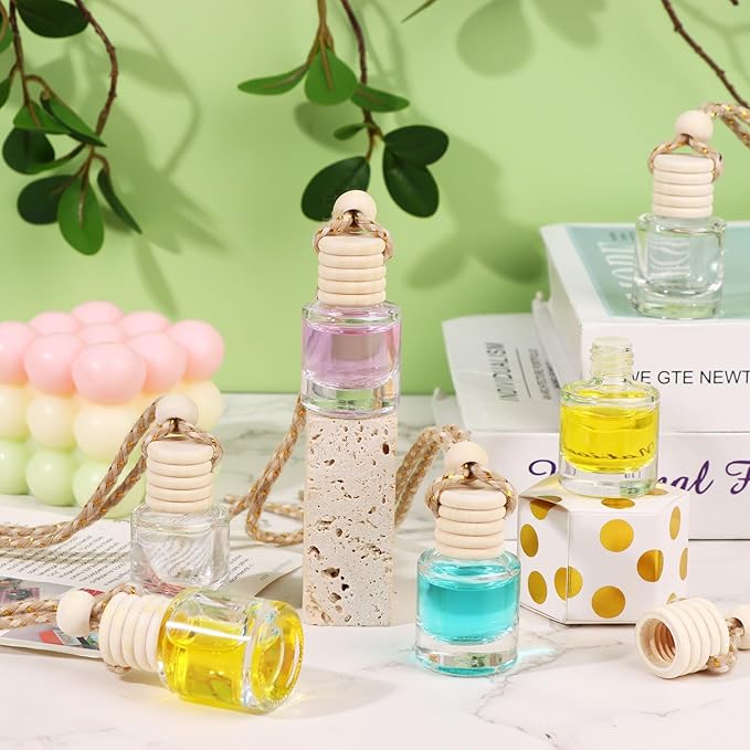 210Pcs 8ml Hanging Car Air Freshener Diffuser Cylindrical Empty Clear Glass Essential Diffuser Oil Aromatherapy Fragrance Perfume Pendant Glass Vial with Wooden Caps Hanging String Car Diffuser Bottle