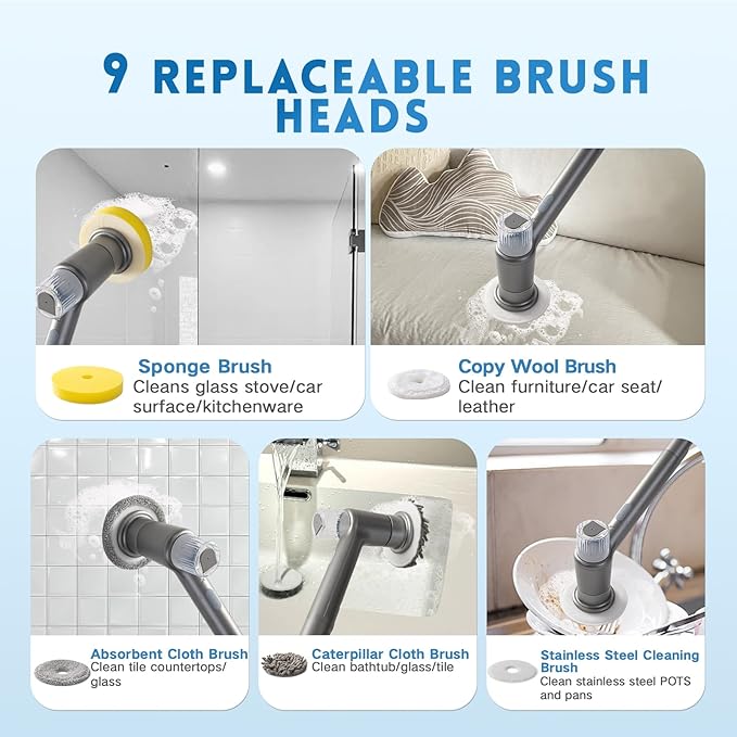 Electric Spin Scrubber,Spray with Foam Cordless Cleaning Brush, 2-Speed Shower Scrubber, Shower Cleaning Brush with 9 Replaceable Brush Heads, Adjustable Removable Handle for Bathroom(Dark Grey)