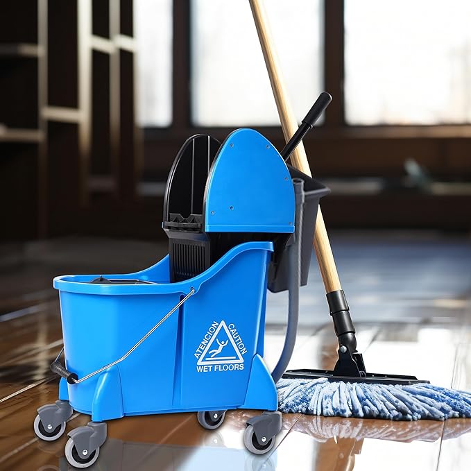 Mop Bucket with Wringer, Mop Bucket Separate Dirty Water for Floor Cleaning with Drain Pipe &Storage Bucket, Blue