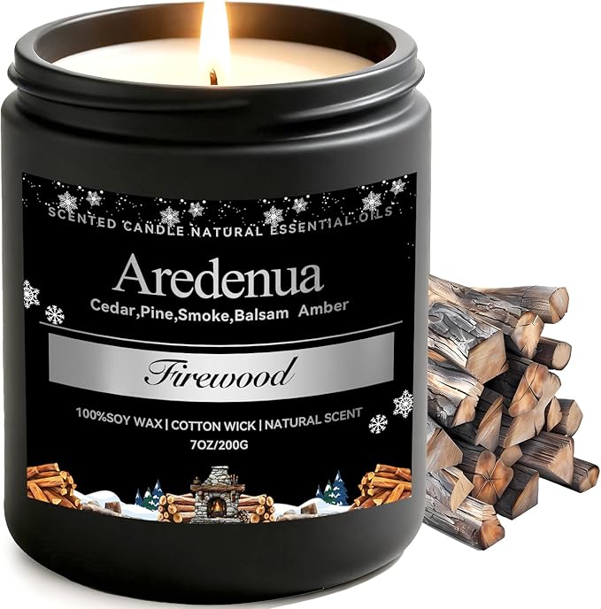 Firewood Candle – Winter Candles | Holiday Scented Candles, 7oz Jar Soy Candle for Home Scented - 50H Burn - Smoky Fireplace Cozy & Warm Scent, Aromatherapy Gifts for Women & Men, Rustic Holiday Décor