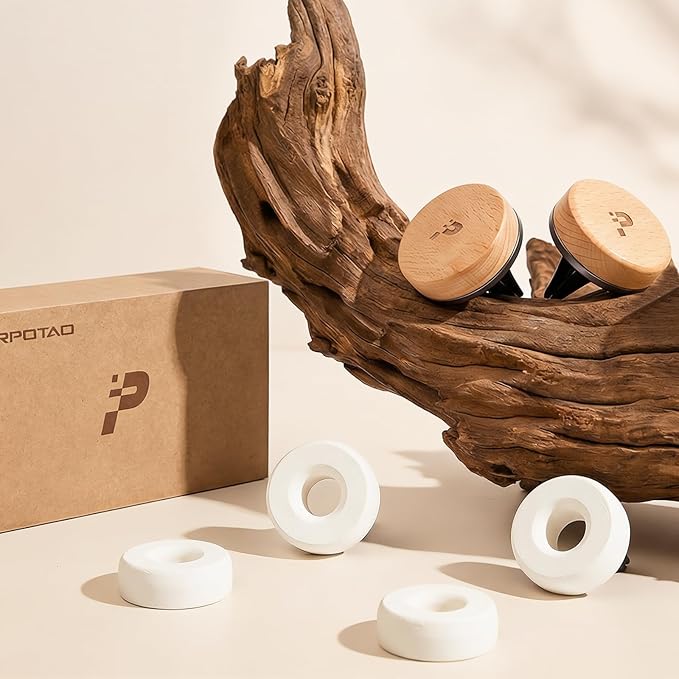 Wooden Car Air Freshener Vent Clip, Refillable Essential Oil Diffuser with Long-Lasting Natural Scent, European Beech Wood & Metal Auto Deodorizer, Includes 2 Clips + 4 Plaster Refill Pads