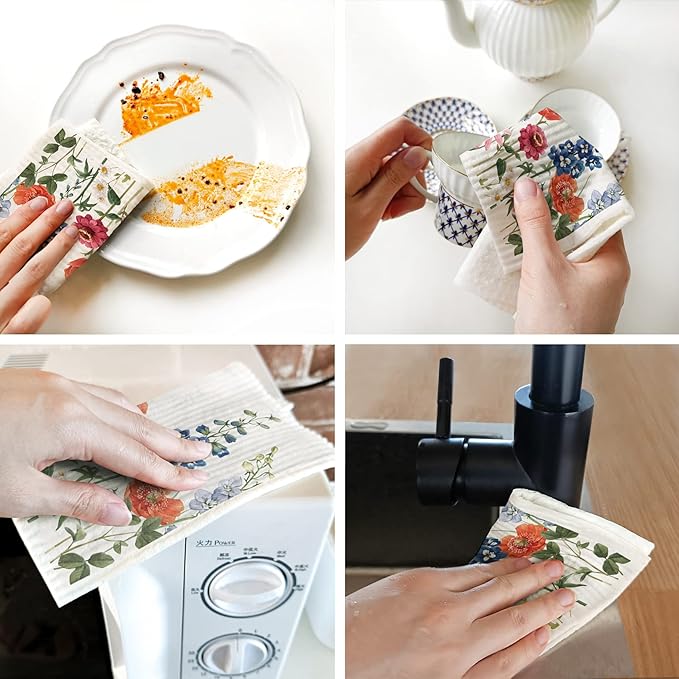 Morigins Wildflowers Butterflies Swedish Kitchen Dishcloths Reusable Sponge Cleaning Cloths Absorbent Dish Cloth Quick Drying Washable Cleaning Wipes 6pcs