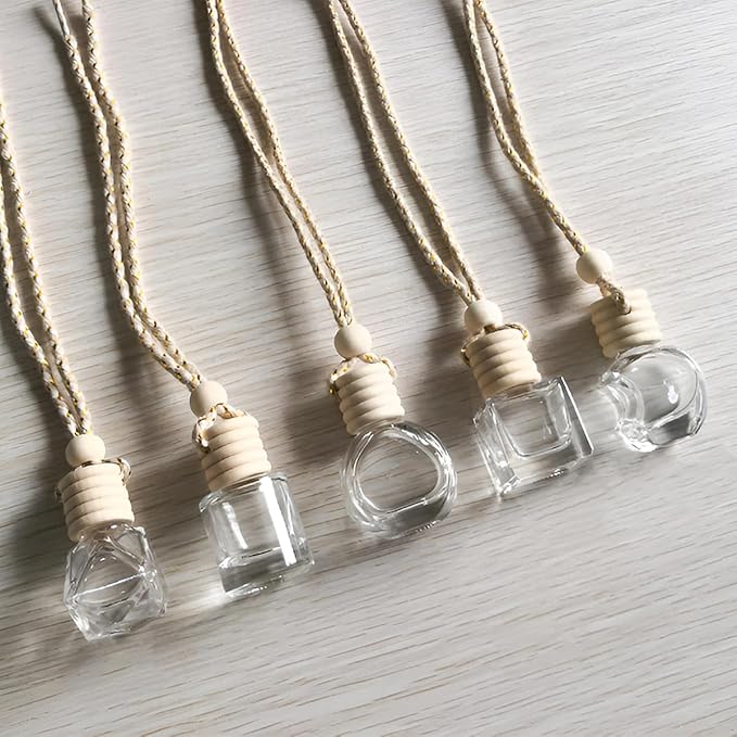 5PCS Hanging Car Air Freshener, 8 ml Oil Diffuser Perfume Aromatherapy Pendant Empty Glass Bottle, Fragrance Ornament with Vent Clip Wooden Cap and Rope, Auto Interior Decoration (Rhombic)