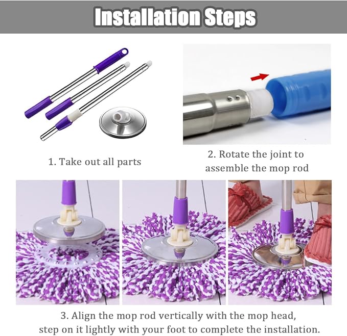 Extended Spin Mop Replacement Mop Handle, Upgraded 60-inch 360 Degrees Rotating Telescopic Replacement Mop Stick for Spin Mop Bucket Cleaning System Floor Cleaning (Plastic Disc, Khaki)