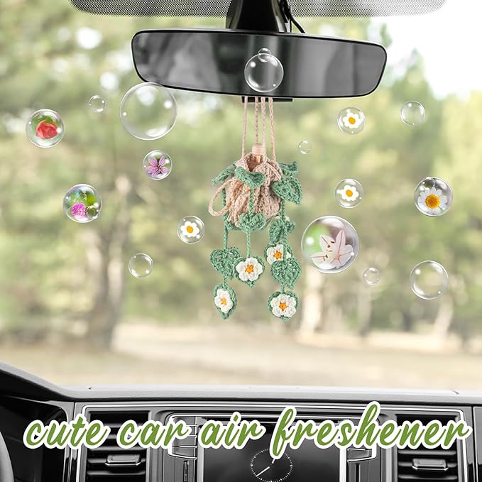 Cute Crochet Plant Car Freshener 12ml Empty Refillable Diffuser Bottle with Plants Hanging Accessories for Rearview Mirror Home Office Decor Women Mother's Day Gifts(Daisy)