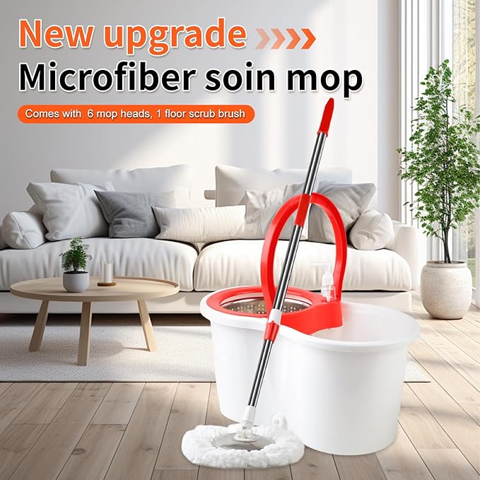 Spin Mop and Bucket with Wringer Set, 360°Spinning Mop Bucket System with Floor Scrub Brush 6 Microfiber Mop and Adjustable Long Handle for Floor Cleaning Dry and Wet Use