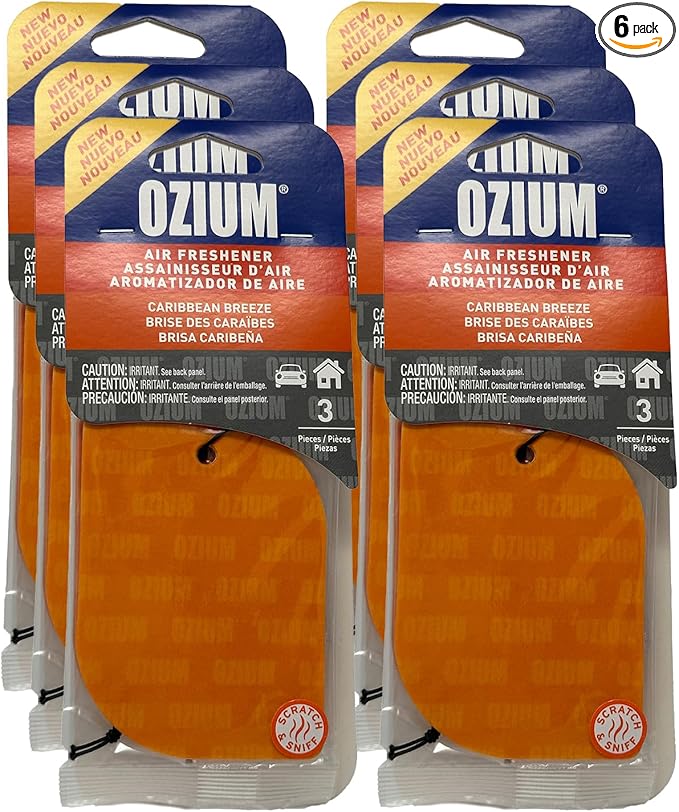 Ozium Paper Hanging Car Air Freshener with Odor Eliminator for Car - Refresh Your Ride with Automotive Air Fresheners, 3 Pieces (Caribbean Breeze, 6 Packs)