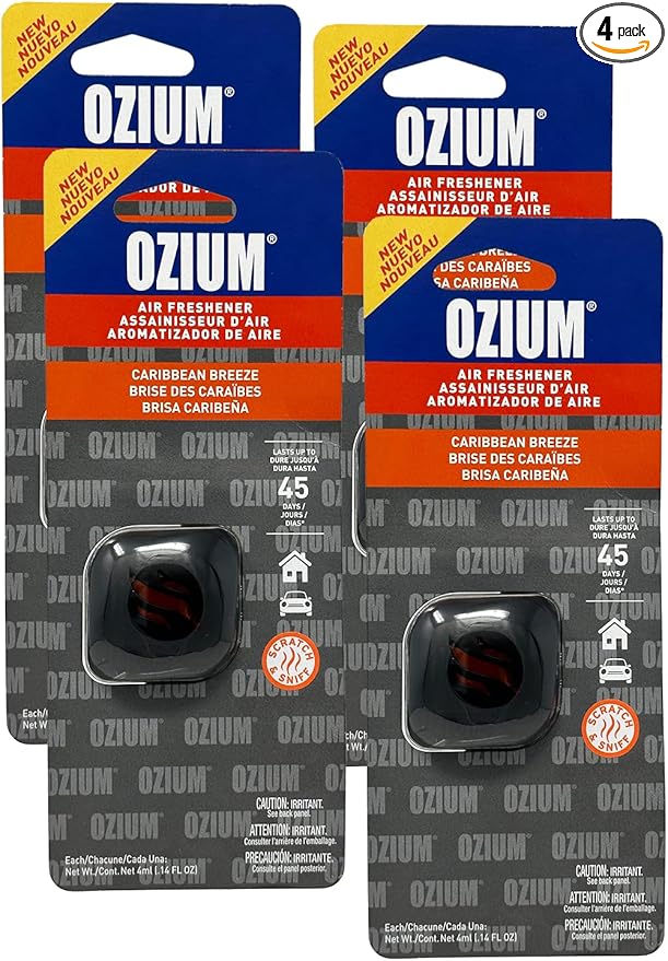 Ozium Membrane Car Vent Clip AC Air Fresheners Car Air Freshener and Car Odor Eliminator (Caribbean Breeze, 4 Packs)