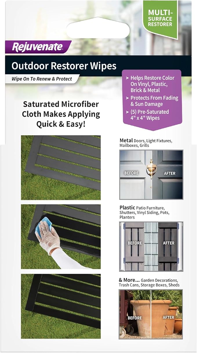 Rejuvenate Outdoor Restorer Wipes, 5 Count, Individually-Wrapped Pre-Saturated Microfiber Wipes Restore Faded and Weathered Surfaces Such As Patio Furniture, Shutters, Siding, And More, 12 Pack