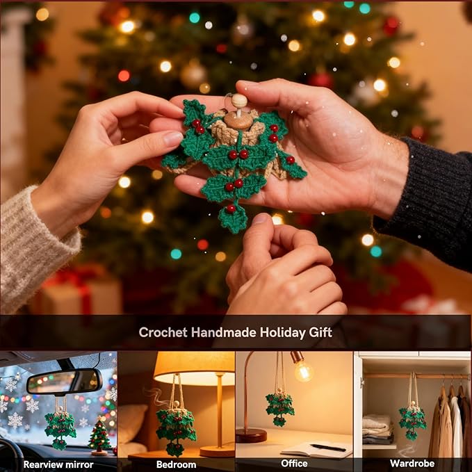Handmade Crochet Car Air Freshener - Crochet hanging holly plants with 12ml Empty Refillable Oil Diffuser Bottle, Green Car Accessory for Mirror Decor and Home Decor