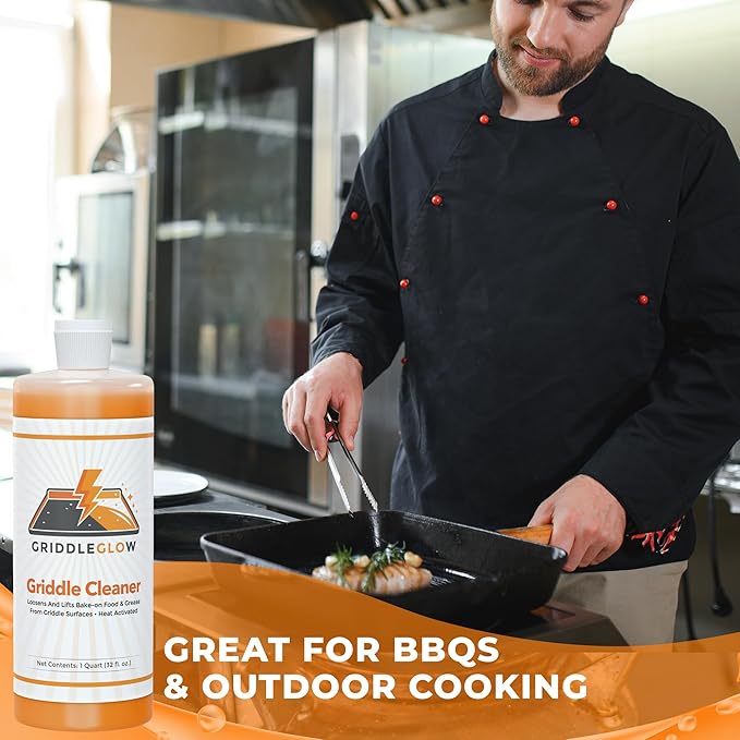 Griddle & Flat Top Grill Biodegradable Cleaner. Easy Pour Squeeze Bottle 32 oz. Fast Acting Formula, Food Safe, Glycerin-Based and Caustic Free. Heat Activated Removes Grease and Baked-on Food, Safe