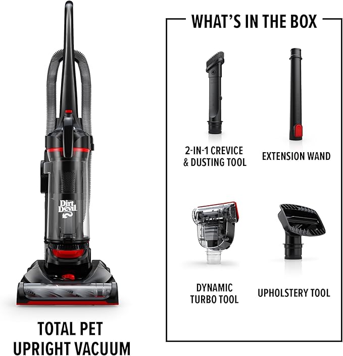 Dirt Devil Multi-Surface Total Pet+ Upright Bagless Vacuum Cleaner for Carpet and Hard Floor, with Pet Tool Kit, Powerful, Lightweight, Corded Vacuum Cleaners for Home Use