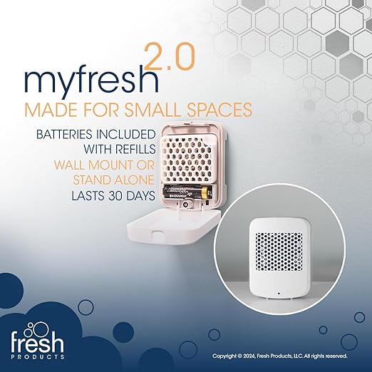 Fresh Products myfresh 2.0 Personal Air Freshener with Dry Fragrance Technology for Small Spaces Compact Design Motion Sensor Battery Included Coconut Vanilla 6 pk