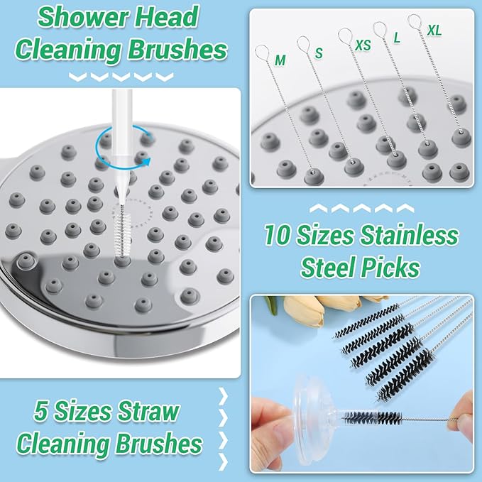 MAPVOLUT 50-in-1 Shower Head Cleaner Kit with Stainless Steel Needles | Reusable Straw Brush | Unclog Tiny Nozzles for Shower, 3D Printer, Straws, Faucets, Electronics | White