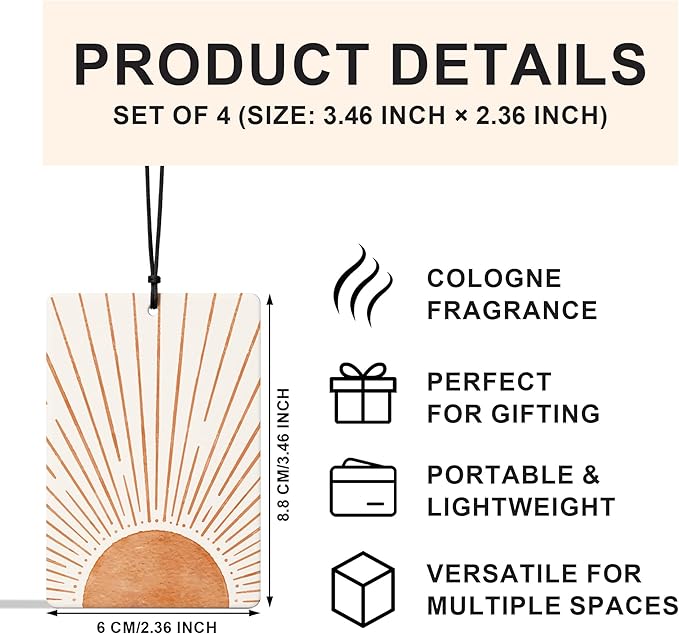 Boho Terracotta Sun and Moon Car Air Freshener 4 Pcs, Retro Abstract Sun Moon Phases Mountain Air Freshener Hanging for Cars Books Closet Drawer, Boho Car Accessories for Women Men