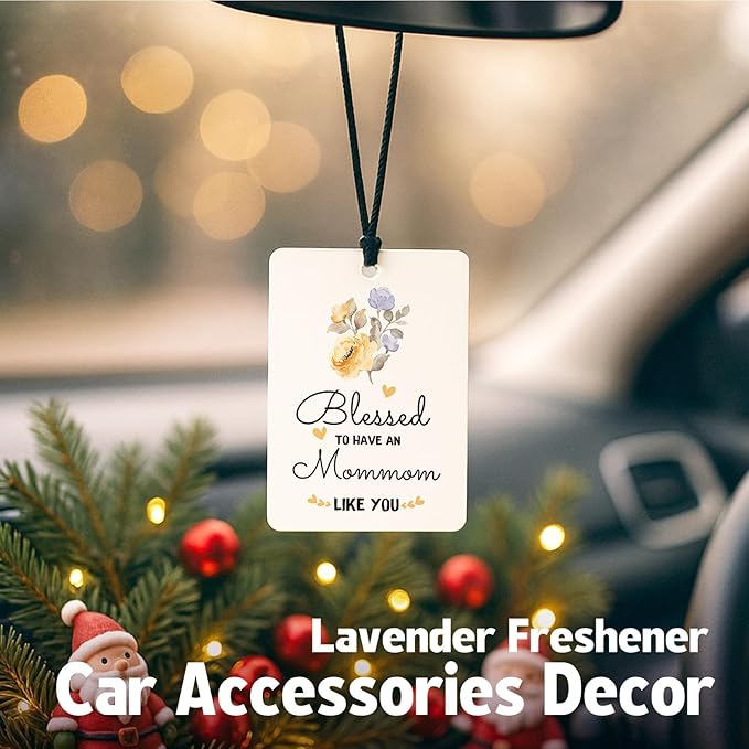 Mommom Grandma Gifts Car Air Freshener Hanging 3 Pack, Blessed to Have An Mommom Car Accessories Gifts for Grandma Christmas Women,Rustic Floral Scent Card Lavender for Closet Bathroom Decor