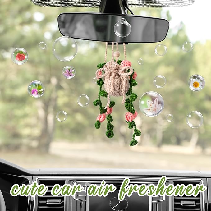 Cute Crochet Plant Car Freshener 12ml Empty Refillable Diffuser Bottle with Plants Hanging Accessories for Rearview Mirror Home Office Decor Women Mother's Day Gifts(Flower)