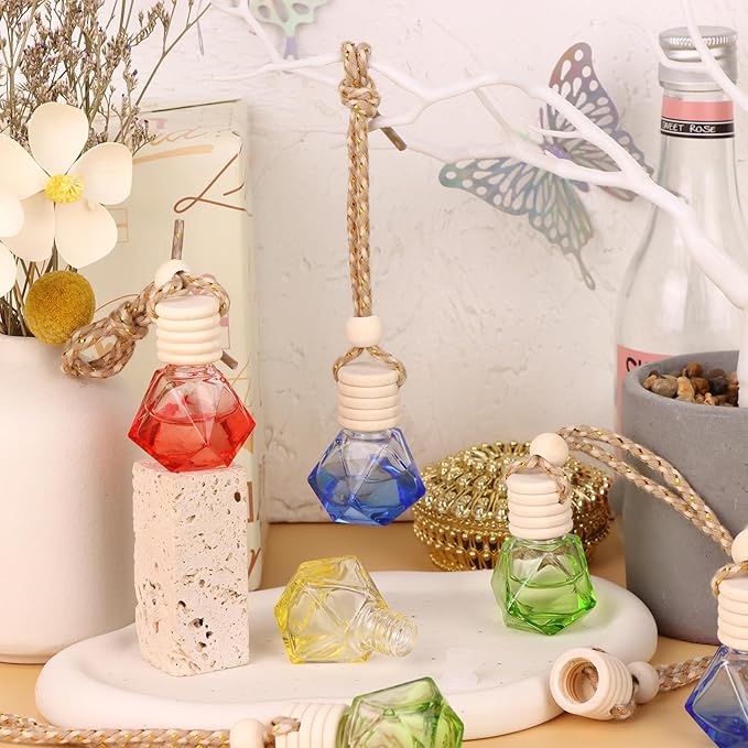 60 Pcs 8ml Hanging Car Air Freshener Diffuser Empty Clear Glass Essential Diffuser Oil Aromatherapy Fragrance Perfume Bottle with Wooden Cap for Car Home Office