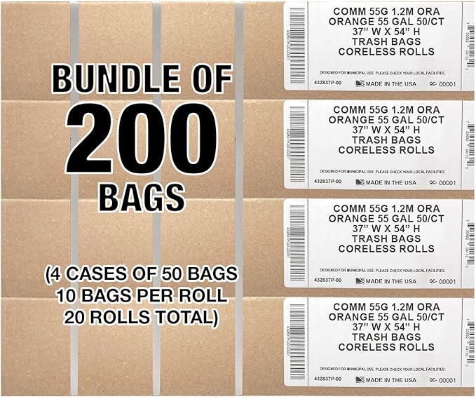 Ultrasac Heavy Duty 55 Gallon Orange Trash Bags - (Value 200 Pack) - 1.5 MIL equivalent Industrial Strength Plastic 37" x 54" for 50-55 Gal Cans -Fits Toter, Rubbermaid Brute, Carlislie Bronco etc.